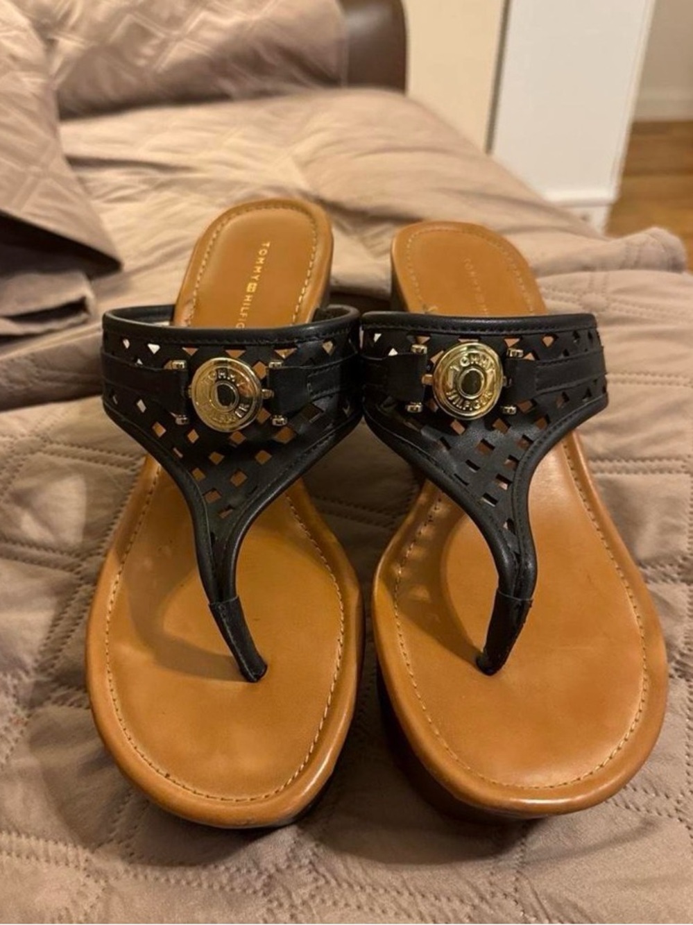 Tommy Hilfiger Black and Tan Cutout Thong Sandals with Gold Accent